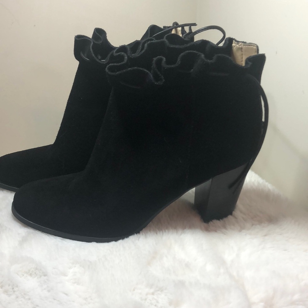 Black suede booties with tie string